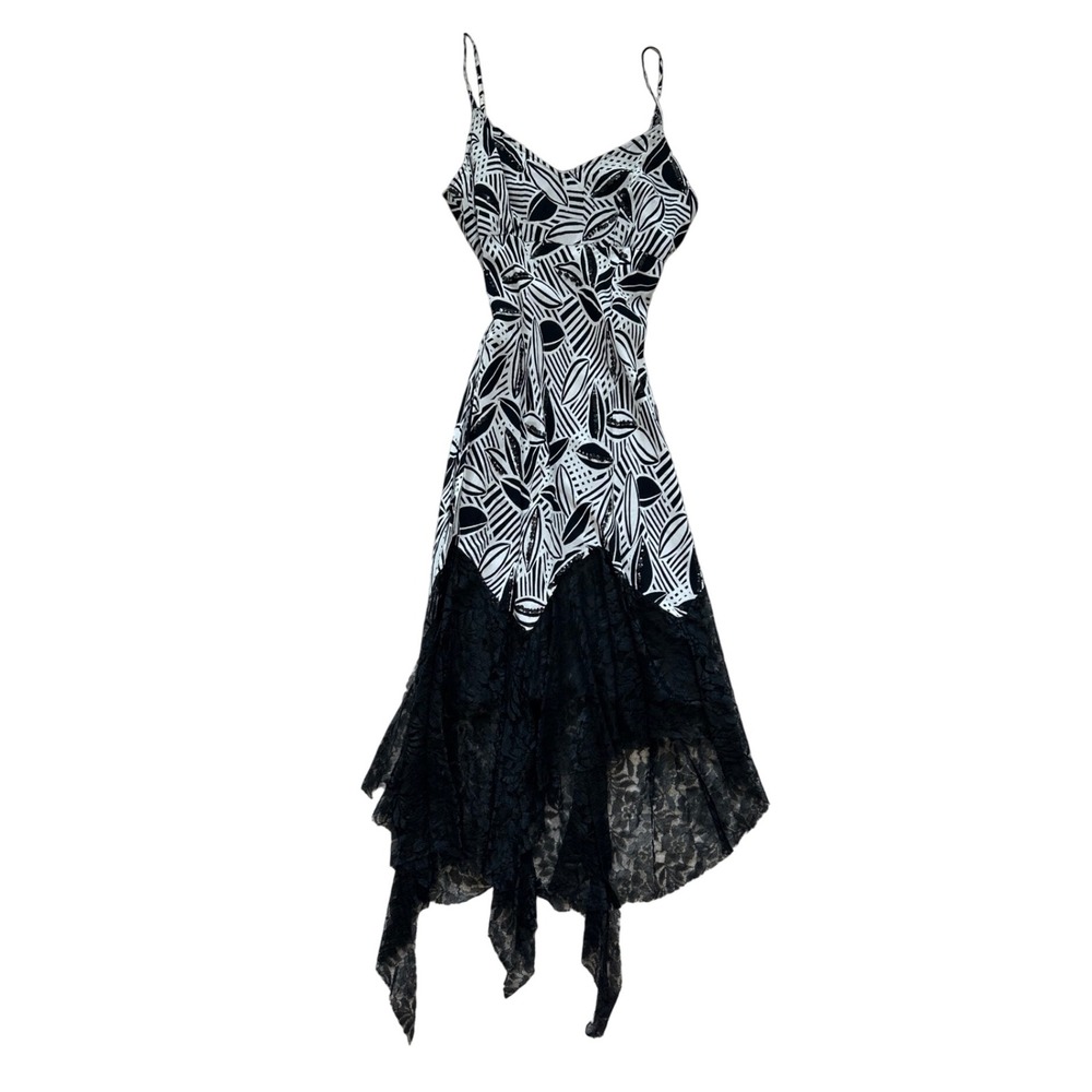 VTG deadstock NWT floral brown black beaded lace fairy asymmetrical slip dress L